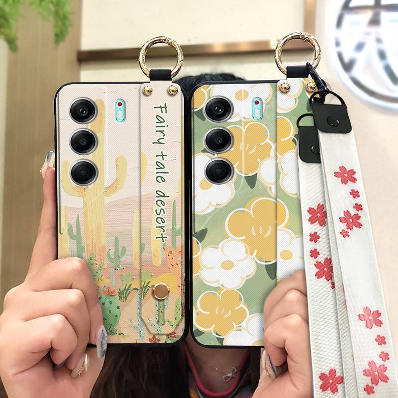 Durable Lanyard Phone Case For Tecno Camon40 Pro 4G/5G/CM6/CM7 Waterproof Back Cover Oil Painting Ring Silicone Flower