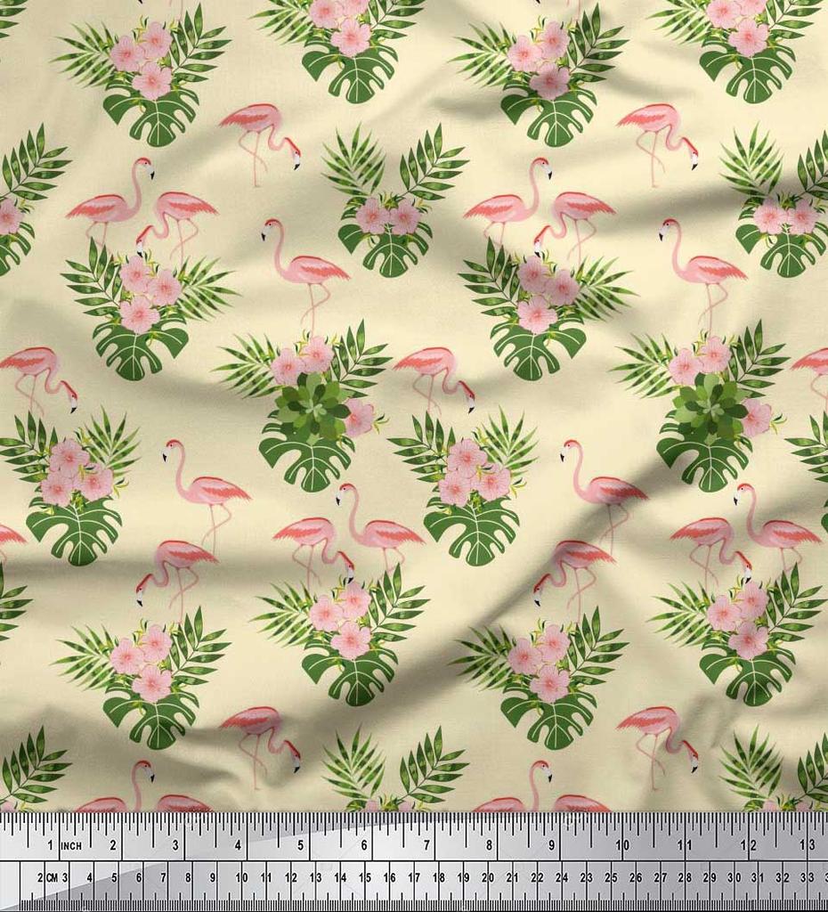 Soimoi Japan Crepe Satin Fabric Tropical Leaves,Floral & Flamingo Bird Print Fabric by the metre 42 Inch
