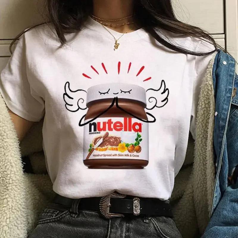 Najnowsze Urocze Damskie Koszulki z Nadrukiem Nutella Harajuku Koszulki z Nadrukiem Kreskówkowym Damskie Krótki Rękaw Okrągły Dekolt Topy Koszulki Zabawna Koszulka