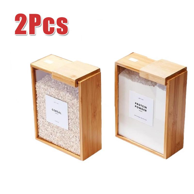 1/2pcs Creative Bamboo Grain Storage Box Kitchen Wooden Sliding Cover Rice Dispenser Household Food Pantry Organizer
