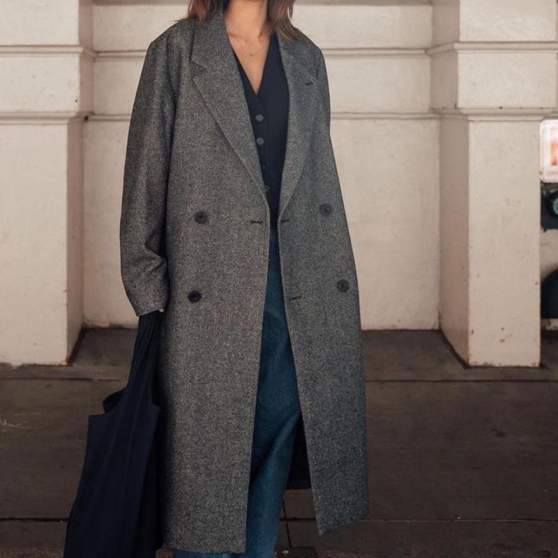 Žena Podzim Zima Teplé Dlouhé oblečení Elegantní Ženy Jednobarevné Kapsy s dlouhým rukávem Dvojřadý falešný vlněný kabát