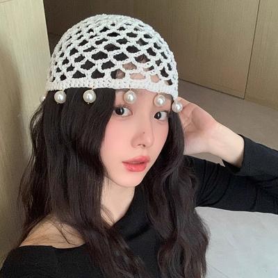 Pearl Fringed Crochet Hat Hollowed Out Woven Hat Casual Beret Cap  Bride Headpiece
