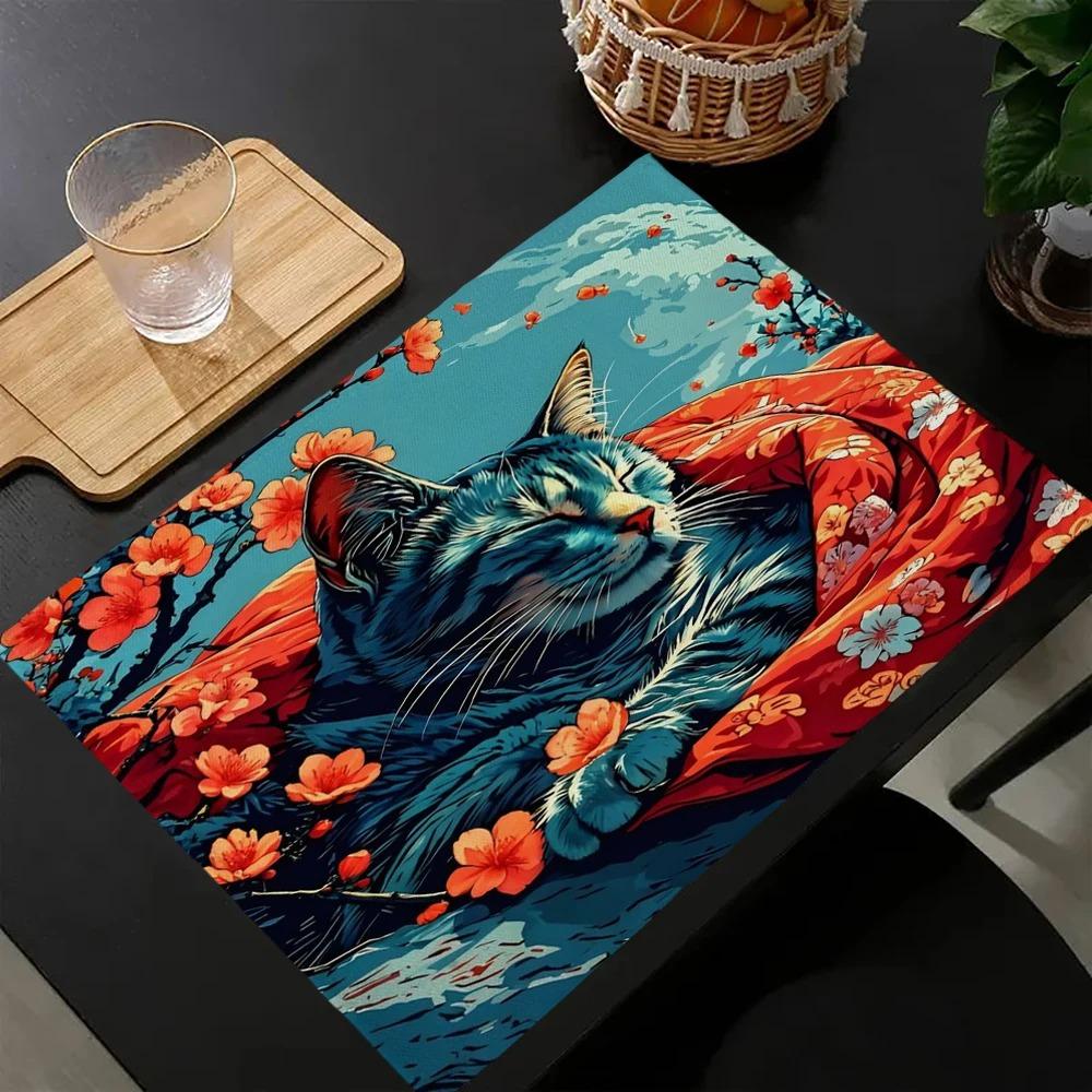 4PCS Cute Cat In Kimono Pattern Linen Placemat, Party Dining Table Decorative Mat, Bowl Mat, Heat-Resistant Dinner Plate Mat