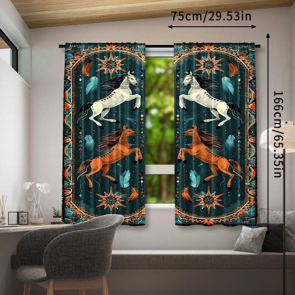 2pcs Southwest Tribal Horse Print Curtains - Vibrant Teal & Earth-Tone Design   Rod Pocket Window Drapes for Bedroom & Living Roo