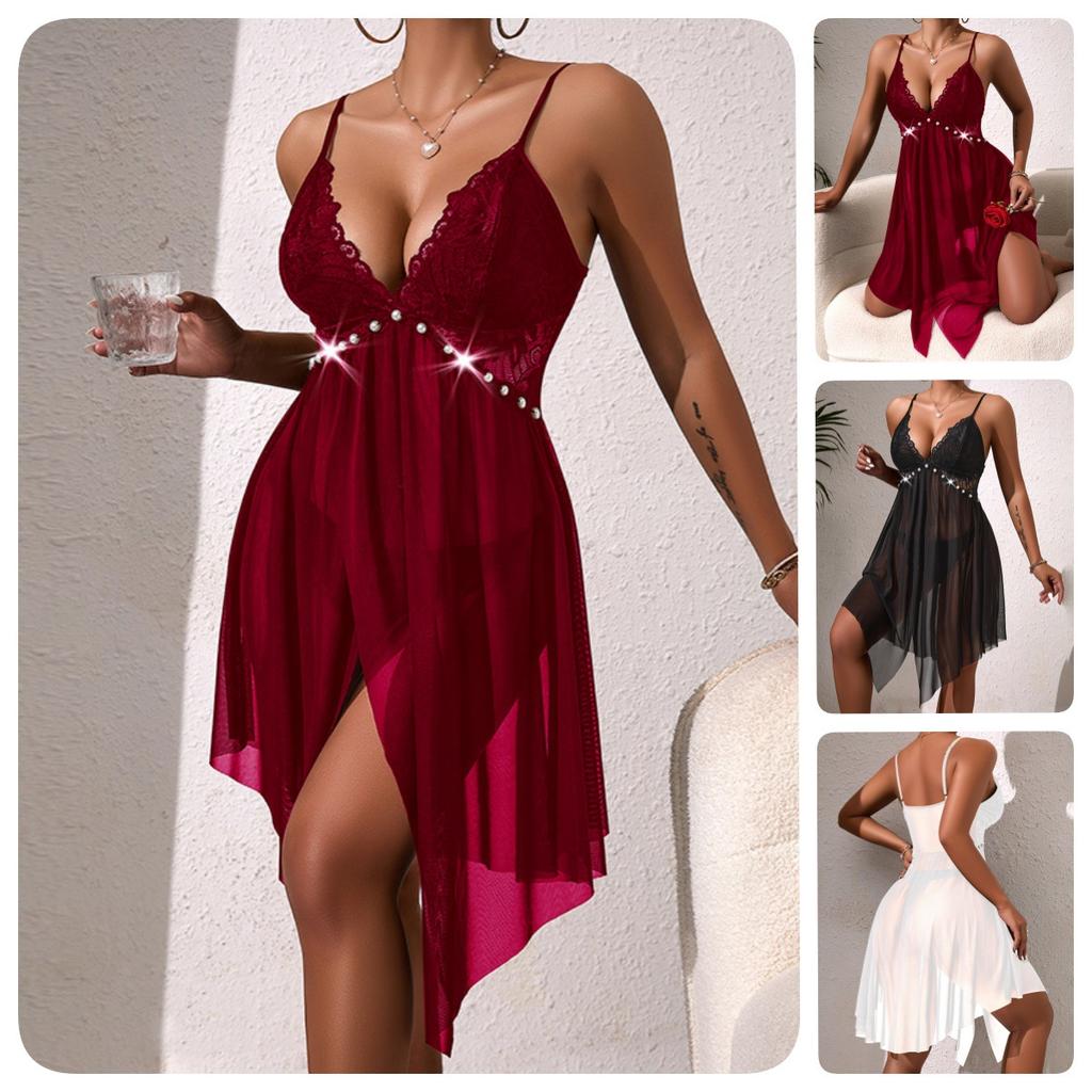 Pearl Decor Sheer Nightgown Lace Cami Deep V Sexy Summer Women's Loungewear 892 Glamorous Lightweight Sleepwear Perfect for Warm Weather