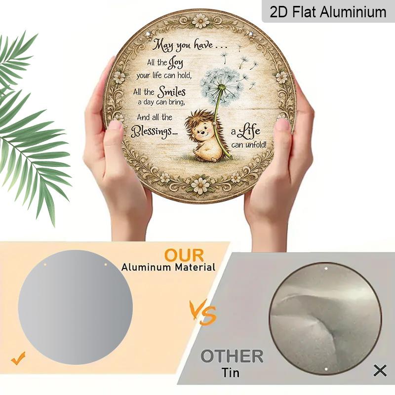 2D Flat, 1pc Round Aluminum Hanging Sign | Cute Hedgehog And Dandelion Vintage Wall Hanging, Inspirational Quotes For Living Room, Bedroom, Study