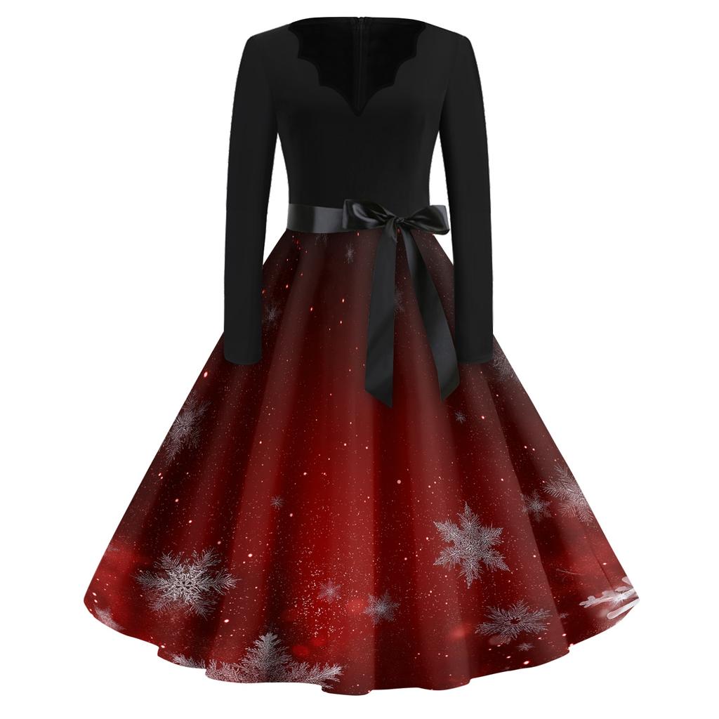 Women's Casual Christmas Print V-Neck Vintage Dress for Holiday Party and Daily Wear