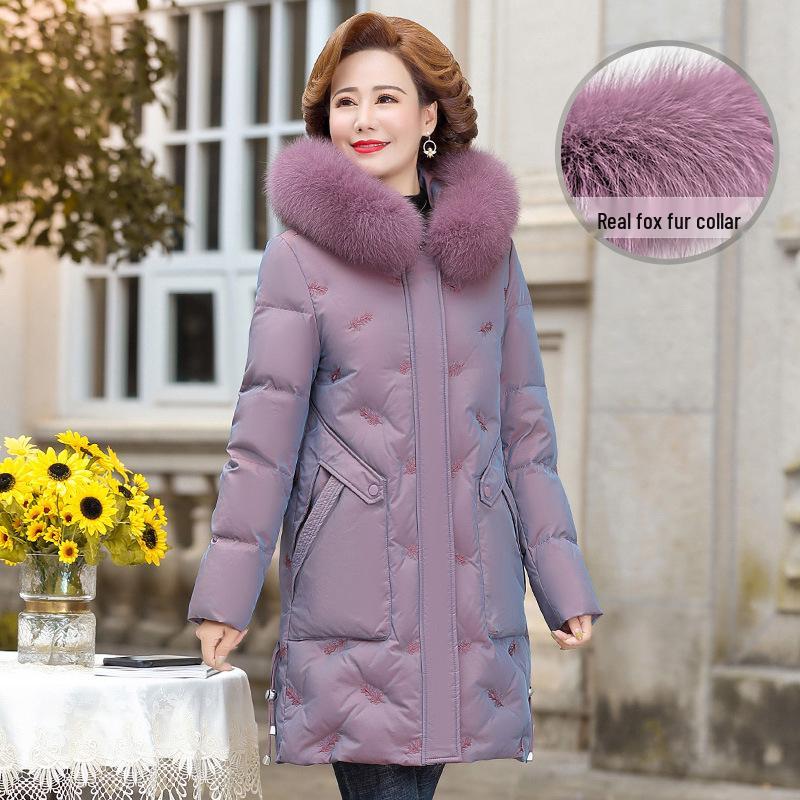 

Women s Winter Fur Collar Down Coat - Mid-Length, Warm Outerwear for Middle-Aged & Elderly Moms 2XL (Recommended 48-58kg)