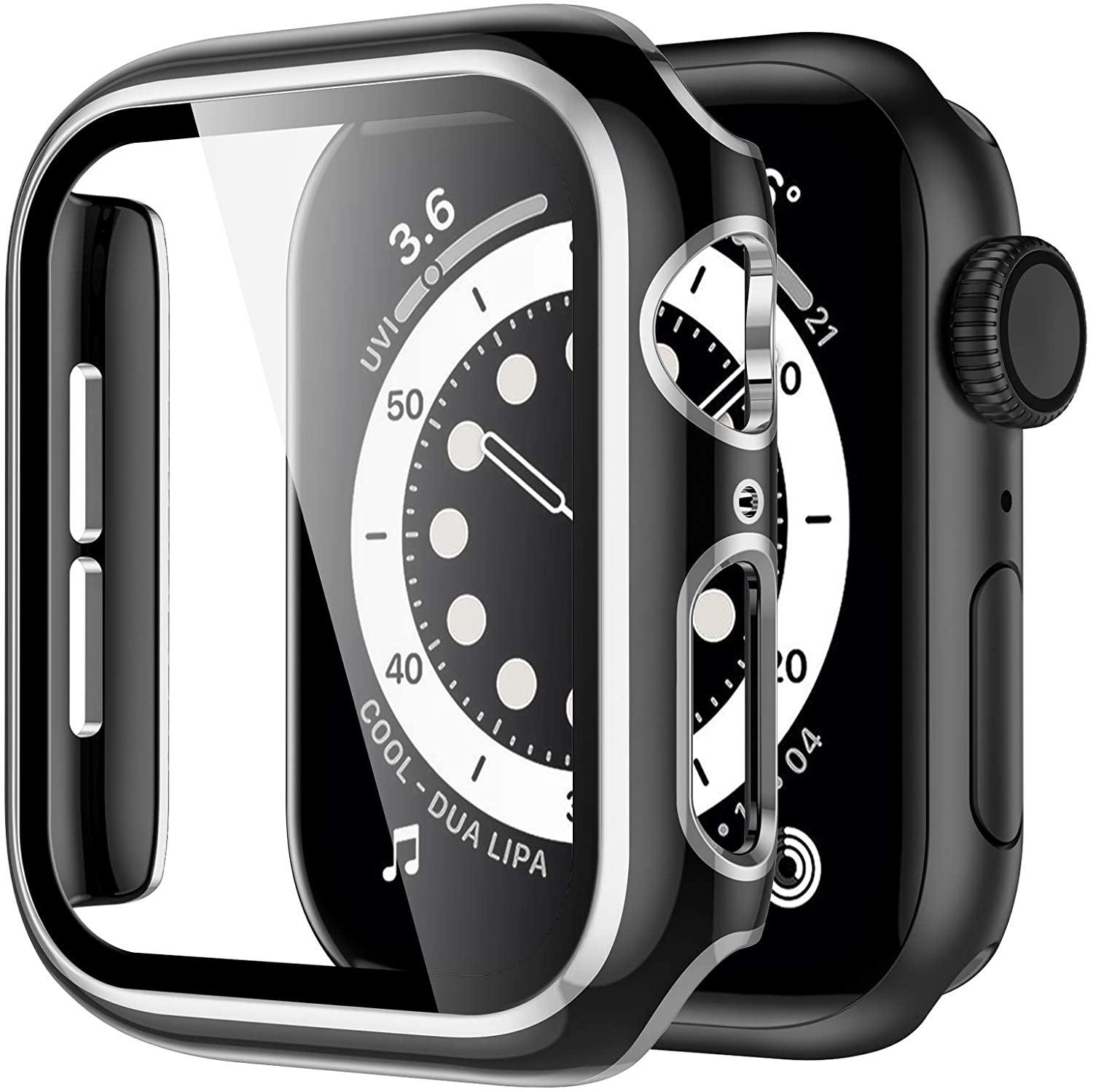 

Закаленное стекло 2 в 1 + чехол для Apple Watch Series 7, 41 мм, 45 мм, iWatch Series SE 6, 5, 4, 3, 2, 1, 38 мм, 40 мм, 42 мм, 44 мм, рамка с полным бампером, аксессуары для часов 44mm серебряный/чёрный