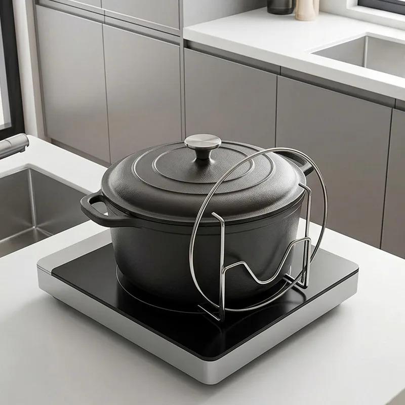 Kitchen Pot Lid Holder Stainless Steel Pan Cover Rack Pot Side Stand Modern Lid Rest Organizer Space Saving Kitchen Accessories
