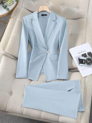 Women's Light Blue Professional Suit - Spring/Autumn Goddess Style Formal Commuter Wear for Salon Reception