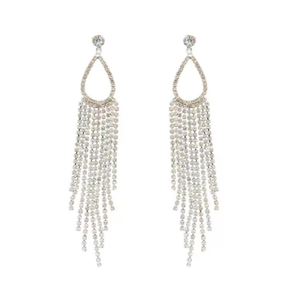 Korea Temperament Sparkling Full Rhinestone Long Tassels Hollowed-out Teardrop-shaped Dangle Earrings for Women Designer Jewelry