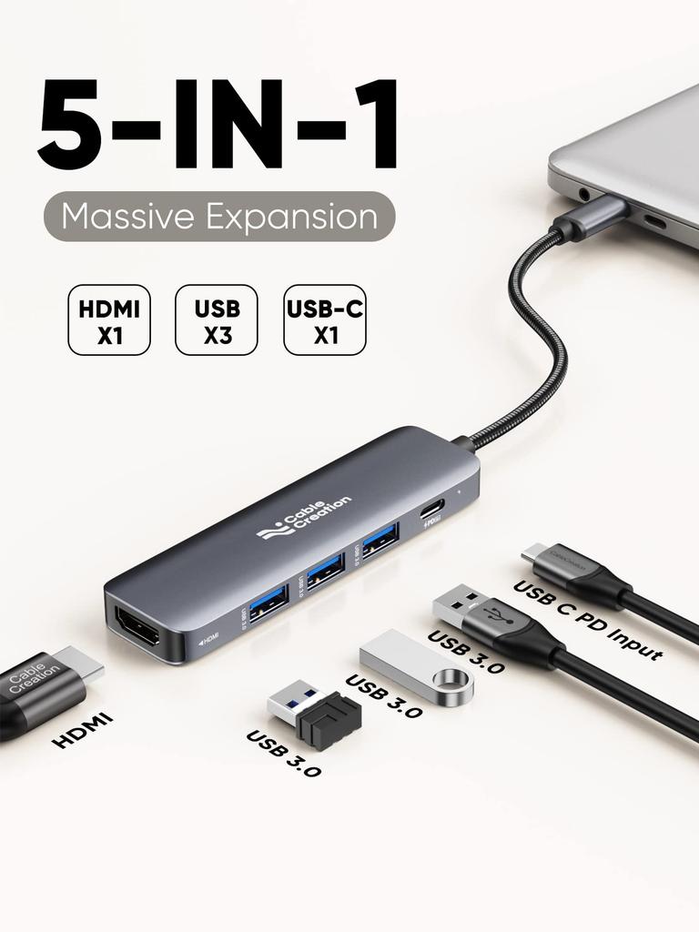CableCreation USB Type C HDMI Hub with 100W and 3 USB Compatible with iPhone iPhone 15 Pro MacBook MacBook Air iPad Surface and XPS 5-in-1 4K@30Hz