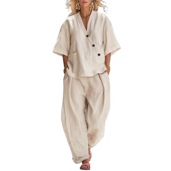 

Women 2 Piece Outfits Casual Button Short Sleeve V Neck Top And Long Pants Lounge Set with Pockets Summer Loose Matching Sets XXXL