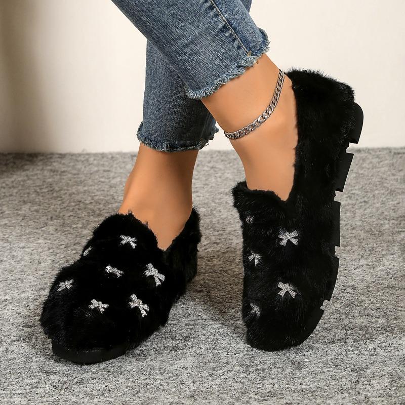 2026 Fashionable Hot Sale Simple Crystal Flower Fur Flats Women Ankle Strap Furry Rhinestone Snowflakes Fur Winter Shoes