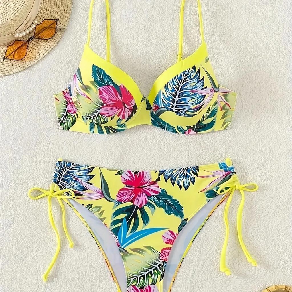 New Women's Tropical Floral Print Bikini Set High Elasticity Lycra Fabric Button Details Comfortable Fit Swimwear Ensemble