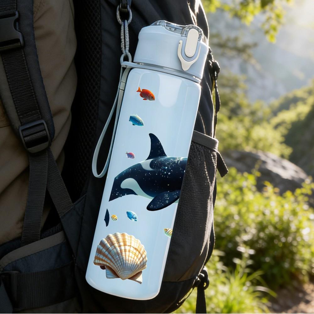1PC Orca Killer Whale Ocean Animal Print 750ml Color Plastic Sports Water Bottle Leakproof Flip Straw Lid Suitable for Sports Office Home Use