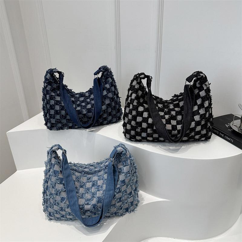 Trendige Karierte Denim-Umhängetasche Für Damen 2024 Modische Handtasche Mit Reißverschluss