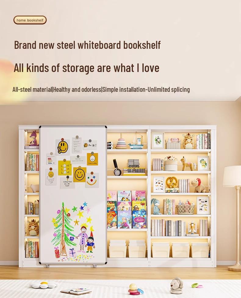 Steel Bookshelf with Whiteboard Doors, Multi-Layer Library Bookcase, Children's Picture Book Rack