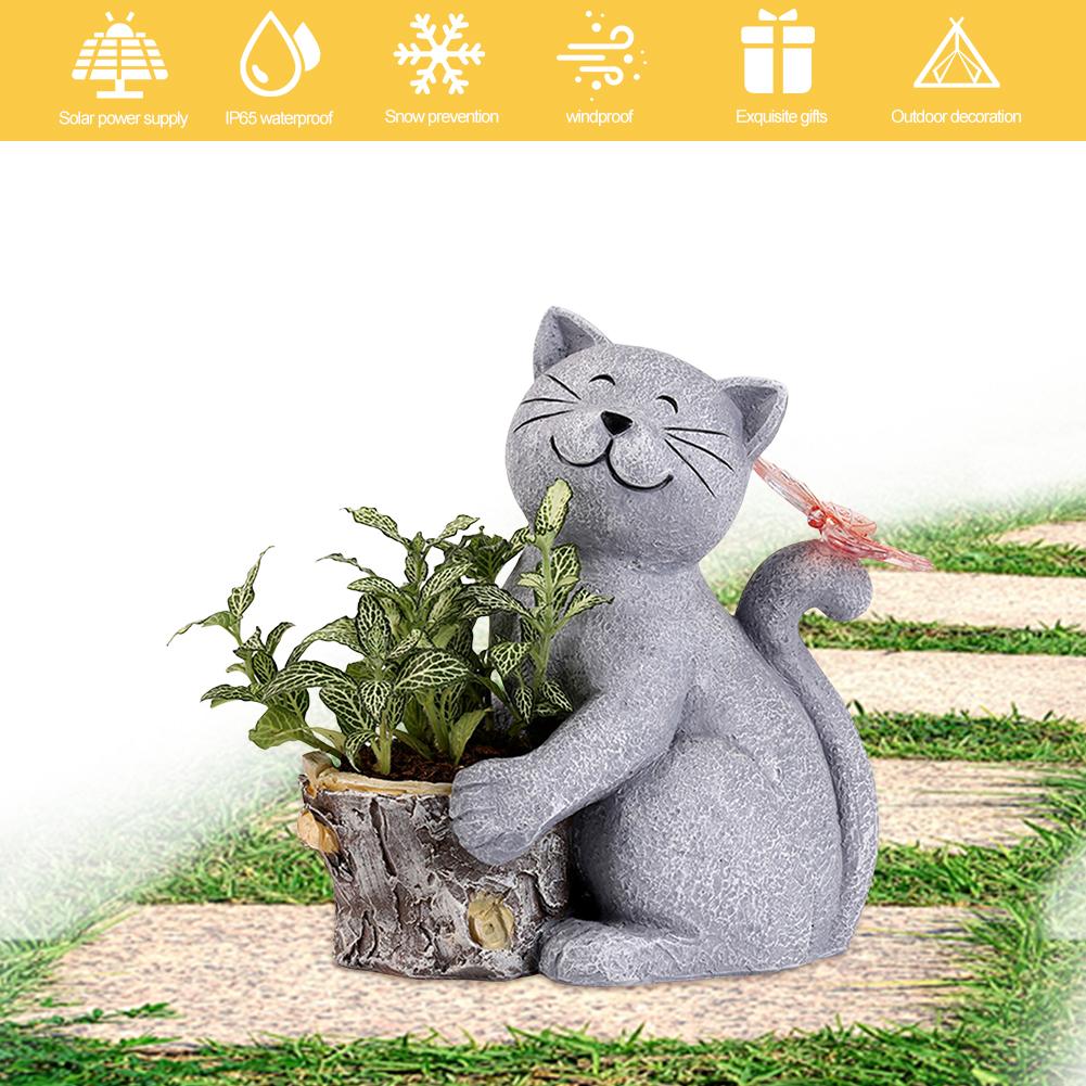 Solar Powered Decorative Animal Planter Resin Cat Flower Pot with Light Cat Butterfly Planter Statue Courtyard Ornament