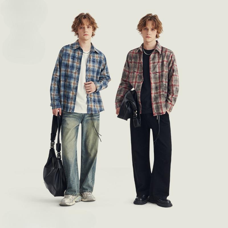 Spring and Autumn Men's Plaid Long Sleeve Retro Rave Loose Lap Collar Shirt Jacket