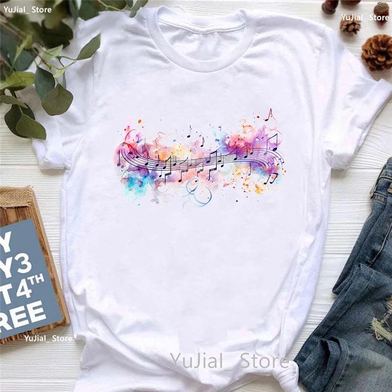 Watercolor Music Note Flowers Print T Shirt Girls Summer Fashion Tshirt Womem Hip Hop Tshirt Femme Harajuku Shirt Streetwear