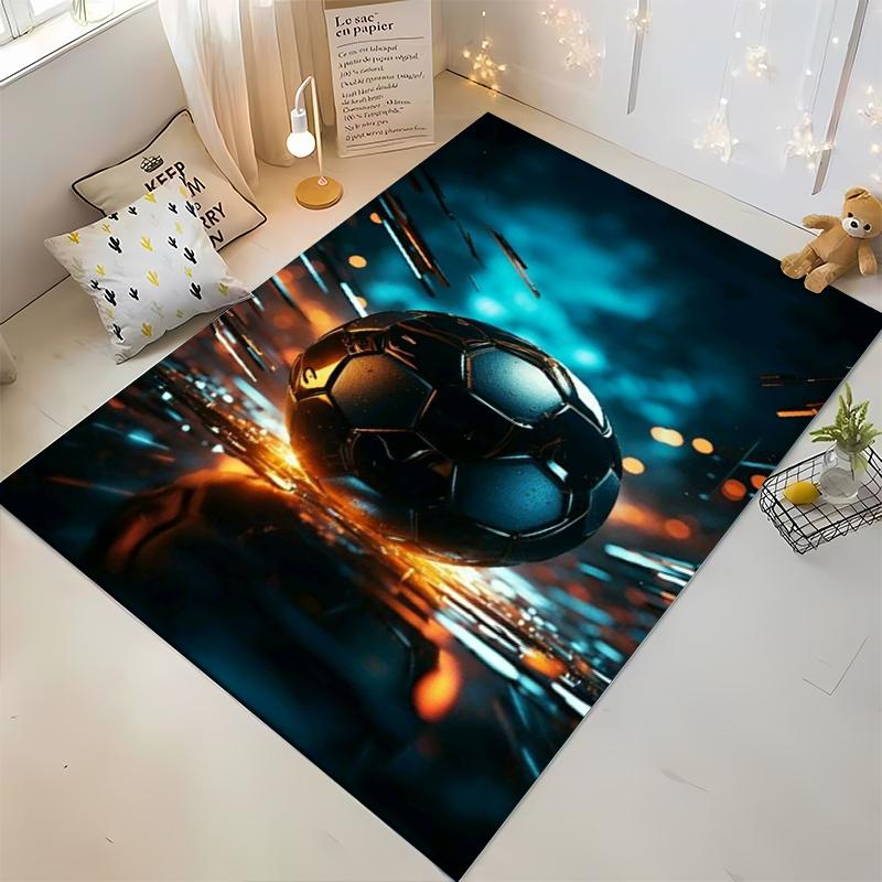 "Sports Themed Carpet with Fiery Soccer Ball and Dynamic Blue Glow" Suitable for use as an anti-slip for living room bedroom sofas