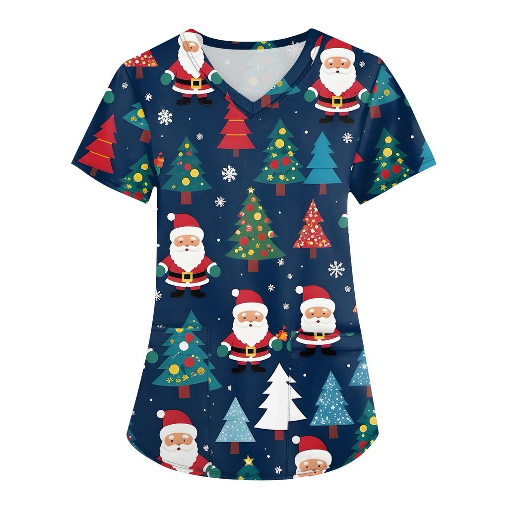 Vêtements de travail à manches courtes et col en V pour femmes avec poches et hauts imprimés de Noël