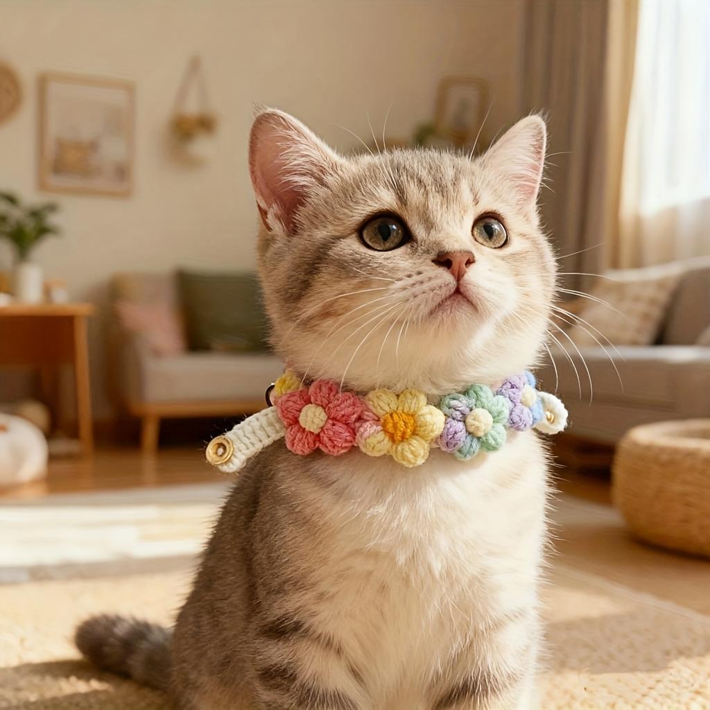 Easter Handmade Pet Collar with 3D Yarn Flower, Adjustable for Cats & Small Dogs, Comfortable Non-Choking Neck Collar