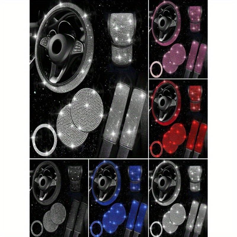 7pcs/Set Faux Crystal Car Steering Wheel Cover, Gear Shift Knob, Seat Belt Pad, Cup Holder Coaster, Start Button Decorative Ring