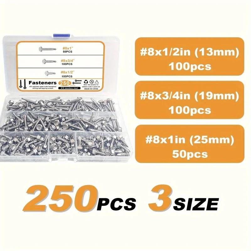 250pcs 410 Stainless Steel Self-Tapping Screws Kit , Hexagonal Self-Drilling Screws for Metal/Furniture