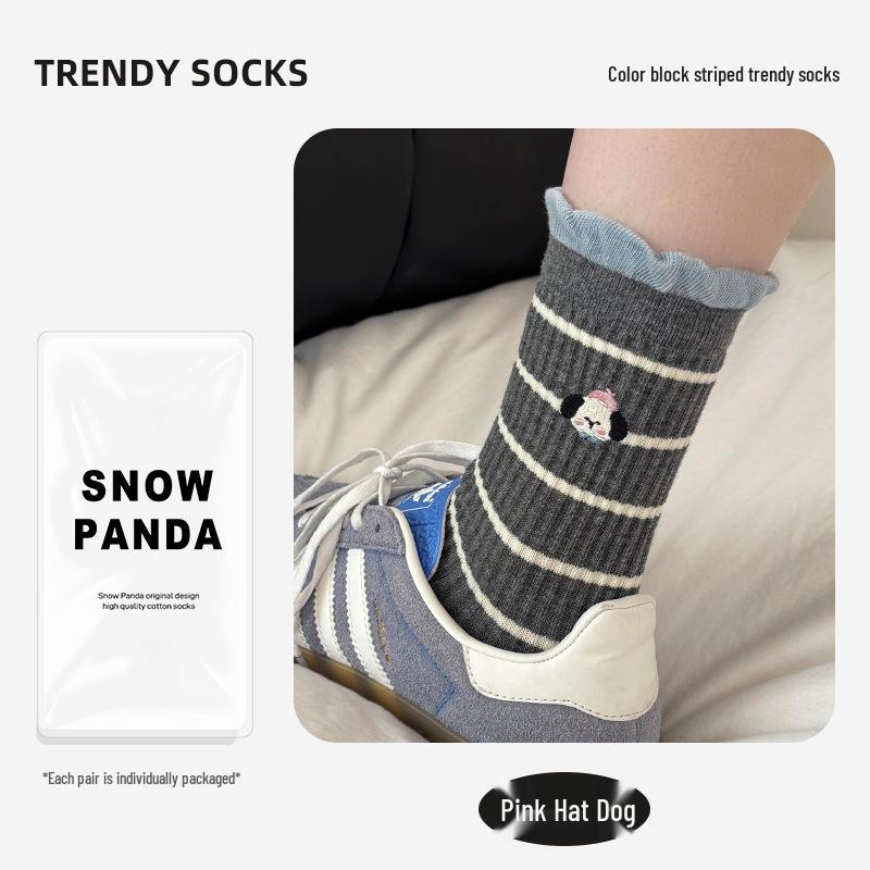 

Женские носки до середины икры с кружевными полосками - Преппи стиль, серый хлопок для осени и зимы One Size, Individually Packaged