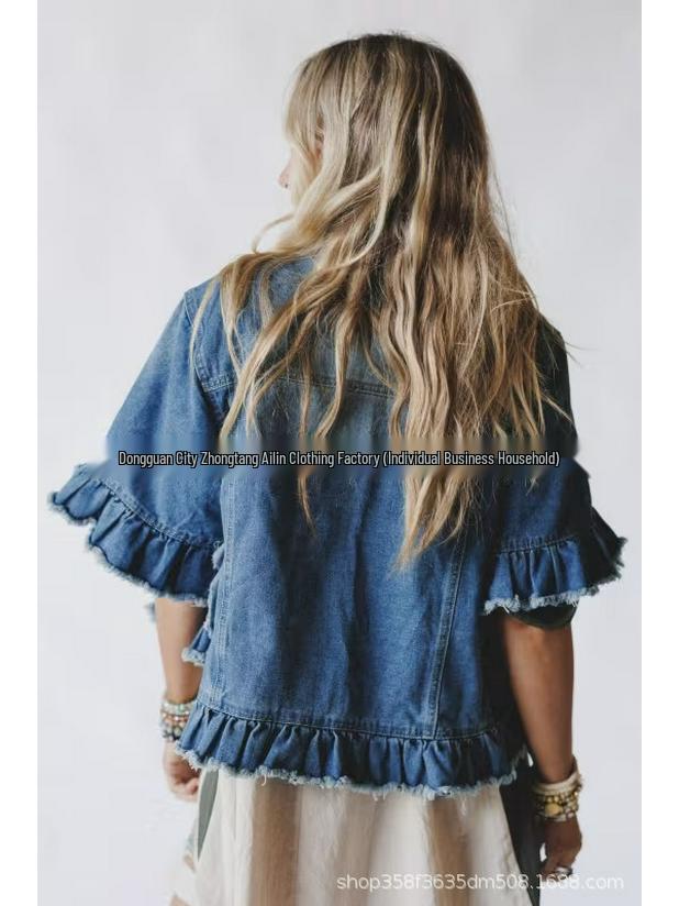Autumn Women's Ruffle Hem Tassel Denim Top