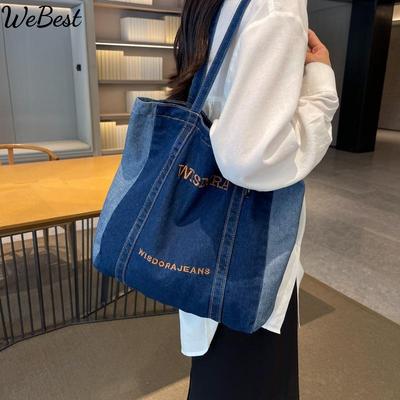 New Casual Denim Bag Women Large Capacity Shoulder Bag Letter Embroidery Denim Tote Bag