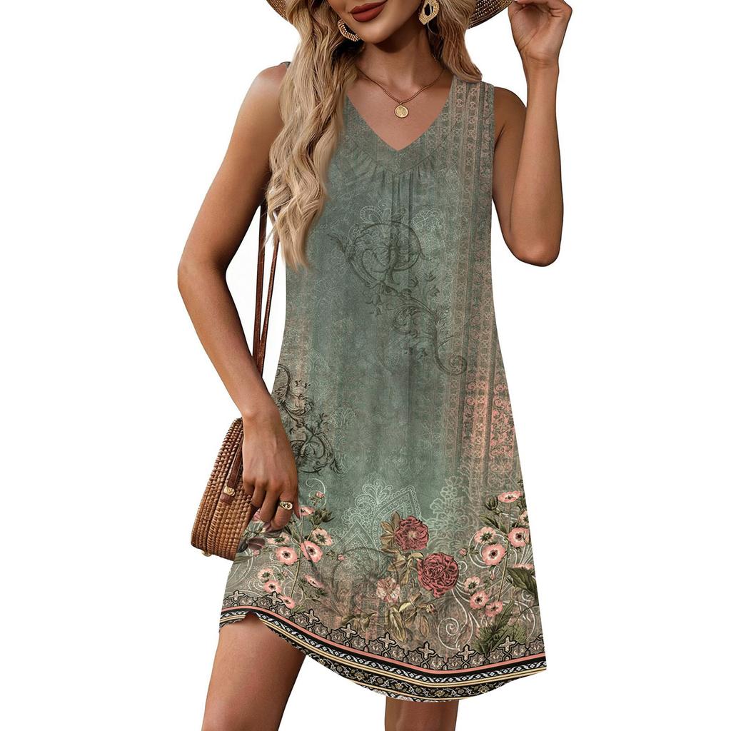 Women's Fashion Printed Summer Sleeveless V-neck Tank Top Pocket Casual Loose Dress