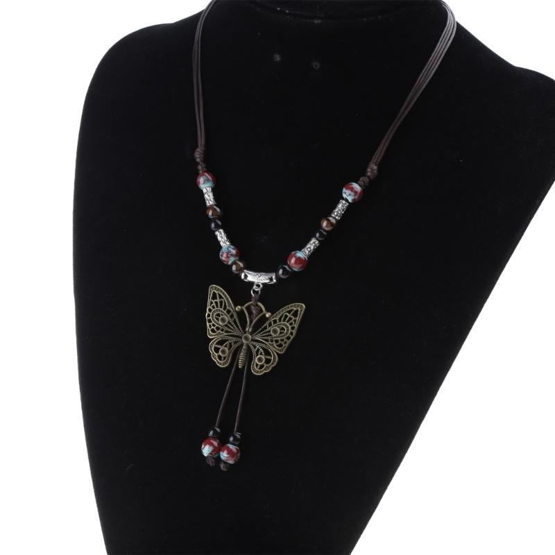 Vintage Wax Rope Handmade Ceramics Beads Butterfly Pendant Necklace For Lovers Women Sweater Chain Aesthetic Jewelry