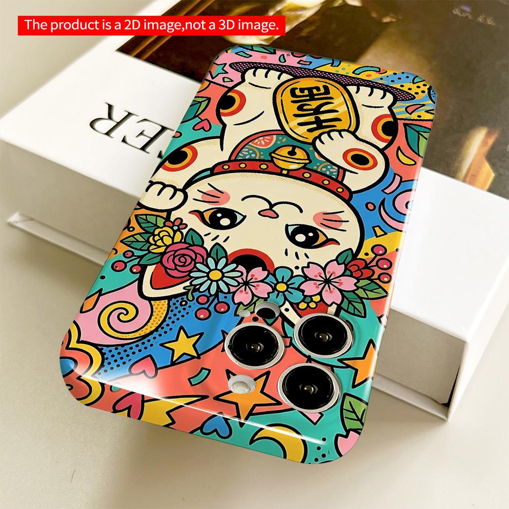Colorful Maneki-neko with Floral Crown & Lucky Coin All inclusive film hard phone case, compatible with iPhone 18 Pro Max 17 16 15 14 13 12 11