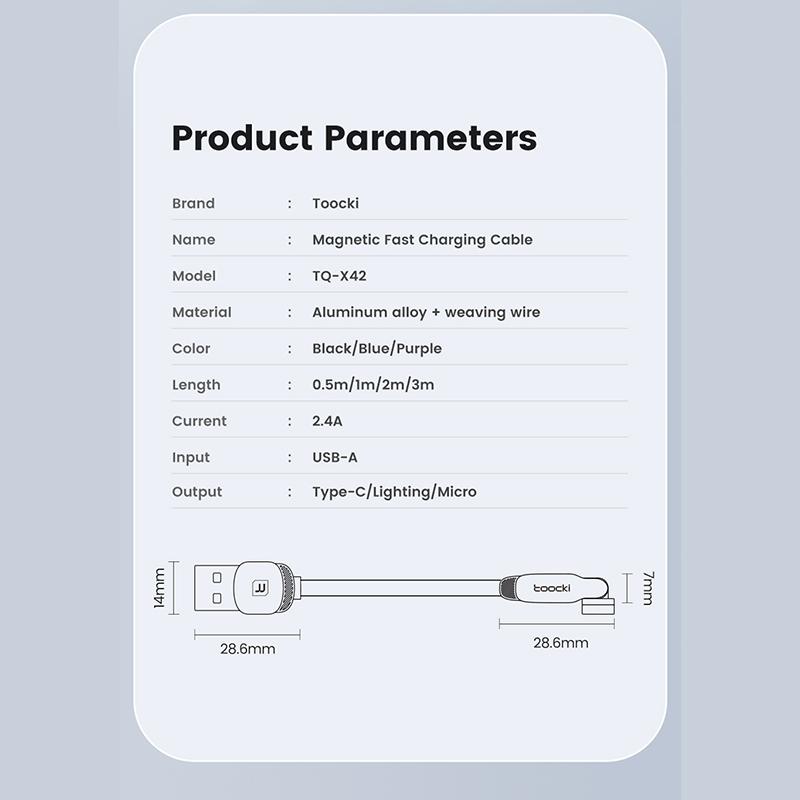 Magnetický kabel Toocki Rychlé nabíjení Micro USB Type C Kabel pro iPhone Samsung Xiaomi Magnetická nabíječka pro mobilní telefon Datový kabel