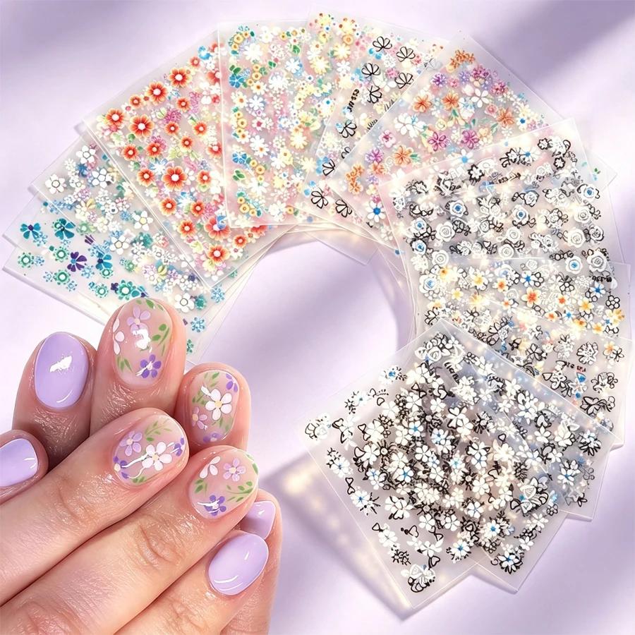 10 Sheets 3D Nail Stickers Set, Self-Adhesive Nail Decals Black White Colorful Nail Art Decorations DIY Manicure Accessories