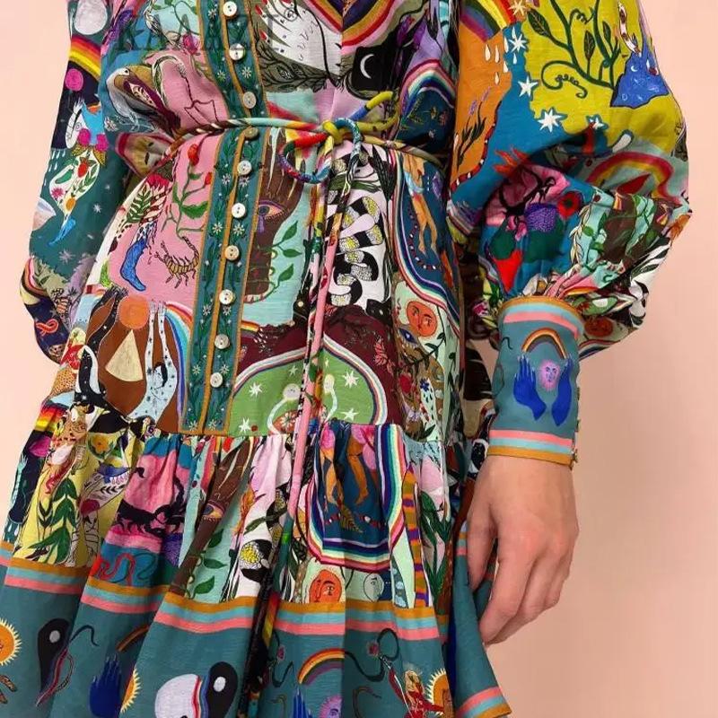 Spring Autumn elegant party Dresses for women vintage graphic print Lantern sleeves with ruffle edges V-neck Women's maxi Dress Casual bodycon dress