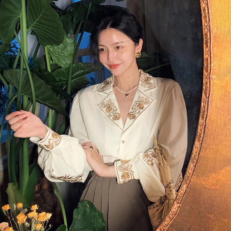 WTEMPO Spring Autumn Chic Retro Embroidered Elegant V-neck Shirt Long Lantern Sleeve Casual Versatile Tops for Women