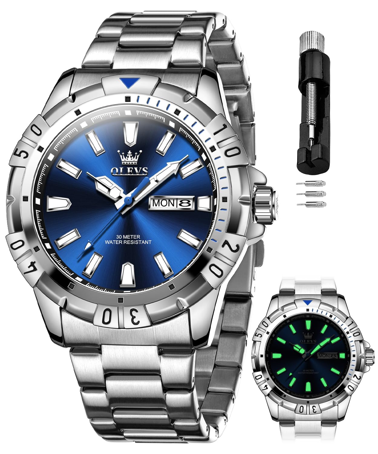 Мужские кварцевые часы OLEVS - Многофункциональные, Нержавеющая сталь, Водонепроницаемые, Светящиеся, Отображение даты, Аналоговые (синий) синий