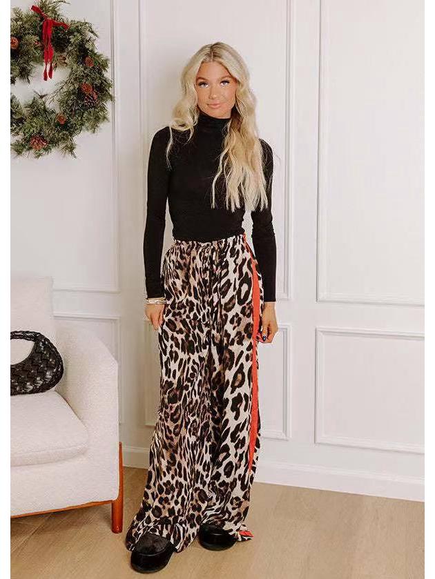 Leopard Print Patchwork Wide-Leg Women's Trousers