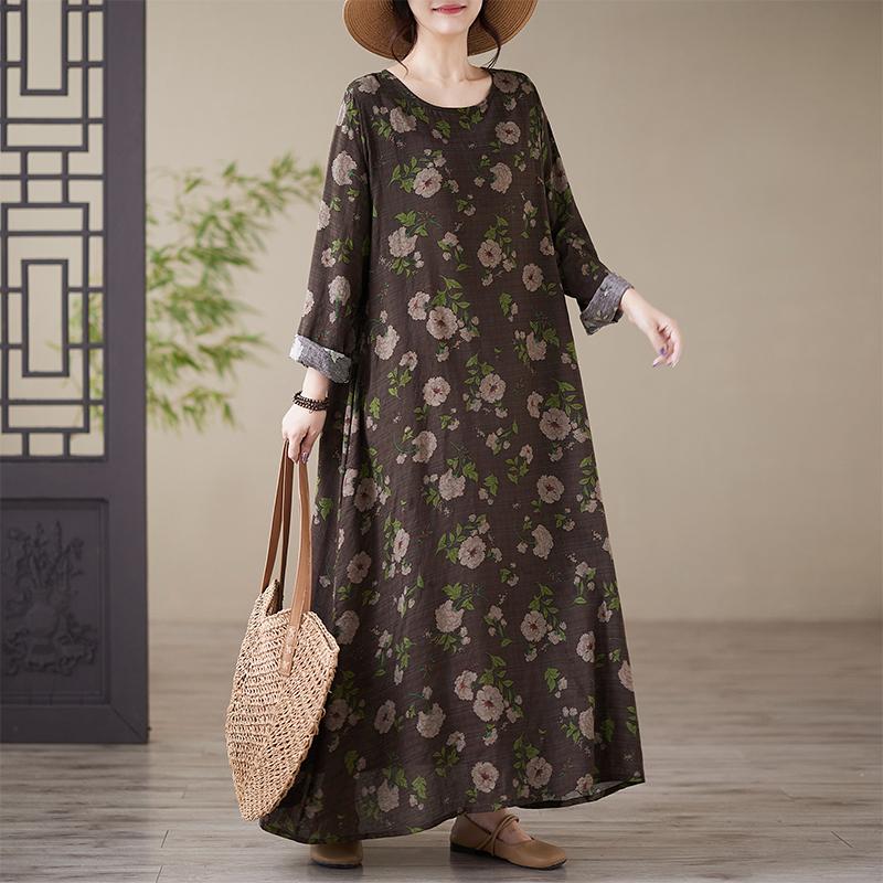 

DIMANAF 2025 Women Plus Size Spring Summer Vintage Dress Long Dress Printing Loose Style Floral Lady Dress Maxi L коричневый