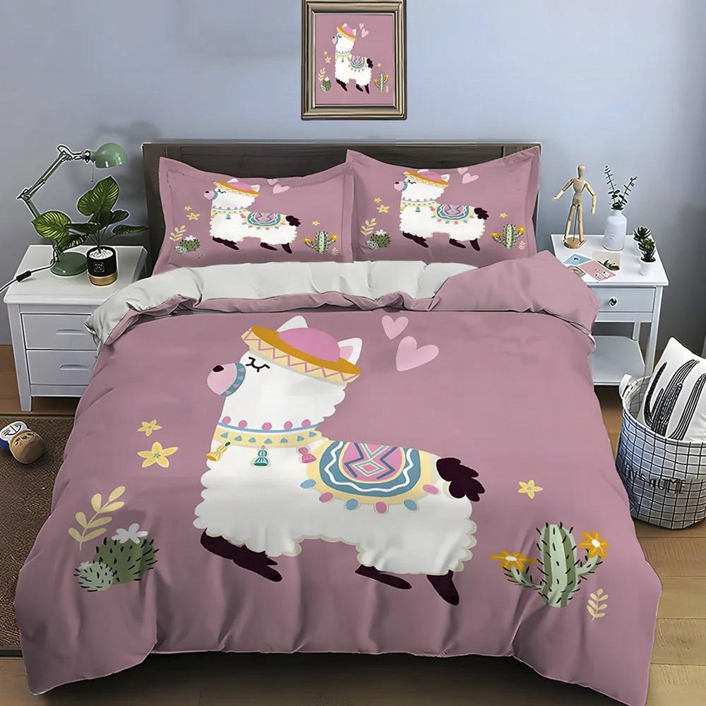 Cute Cartoon Llama Alpaca Print Bedding Set Duvet Cover 1 Duvet Cover 2 Pillowcases Adult And Children Bedding Set Luxury Gifts