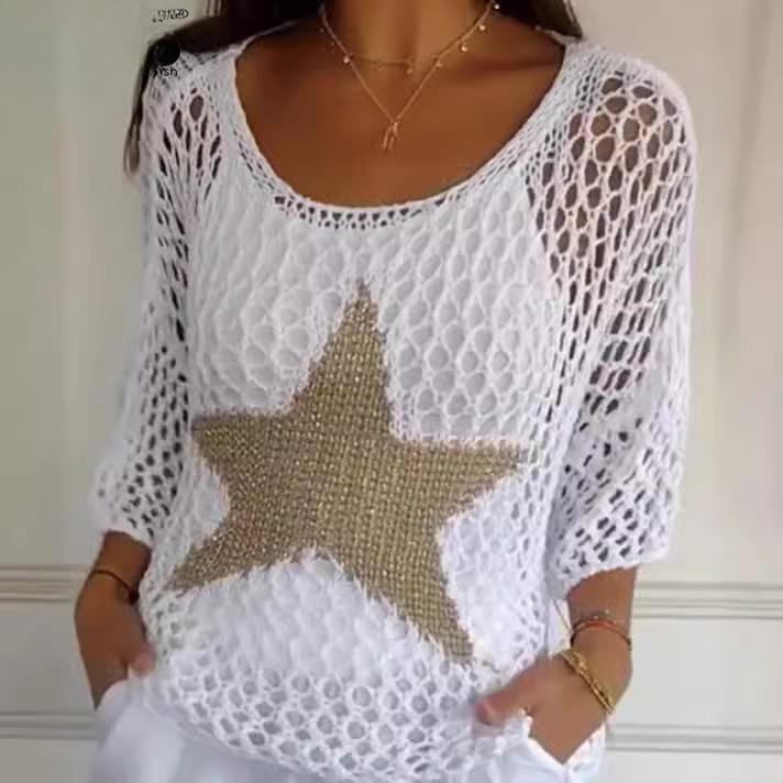 Women's Fashion Casual Summer Spring Star Print 3/4 Sleeves O-Neck Sweaters