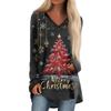 Ladies' Fashionable Casual Christmas Printed T-shirt Long Sleeved V-neck Mid Length Top