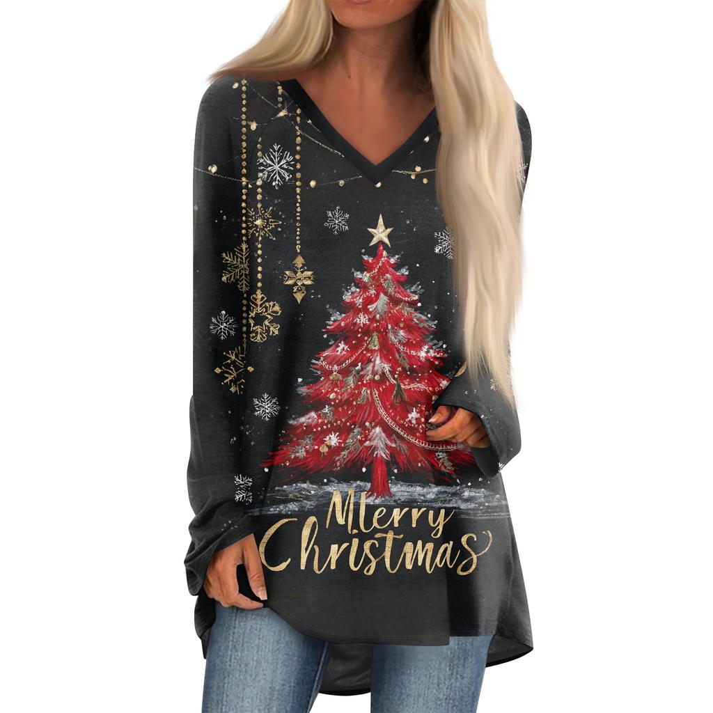 Ladies' Fashionable Casual Christmas Printed T-shirt Long Sleeved V-neck Mid Length Top