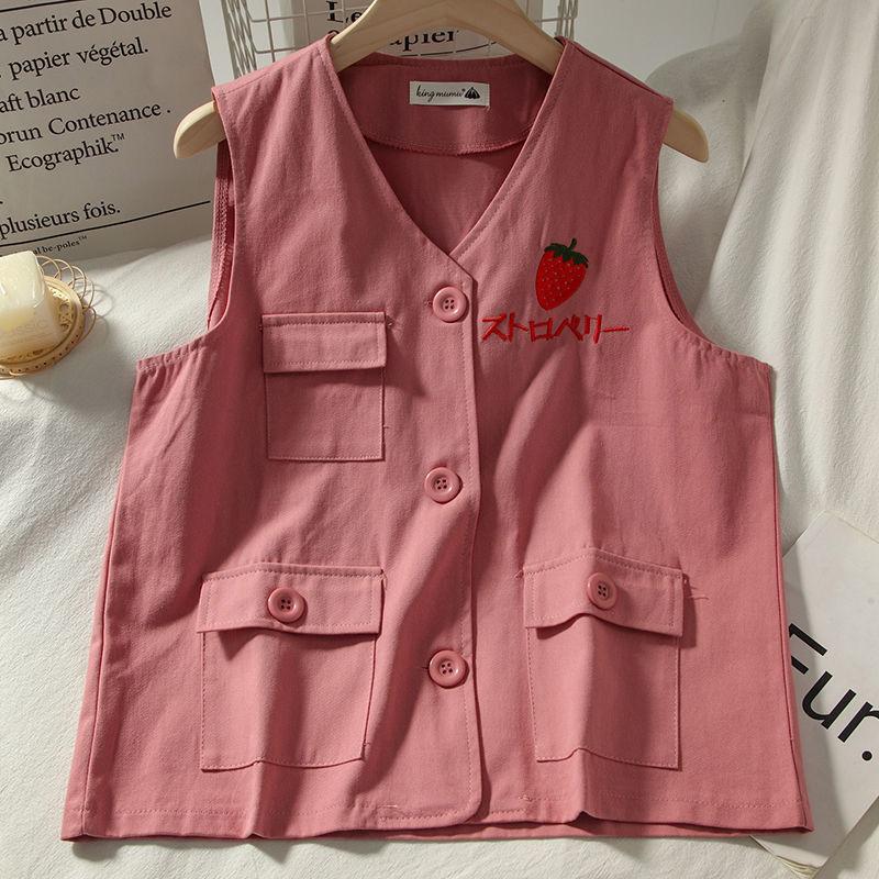 

Женский жилет с вышивкой клубники, однотонный, без рукавов, свободные повседневные жилеты на весну и лето M розовый