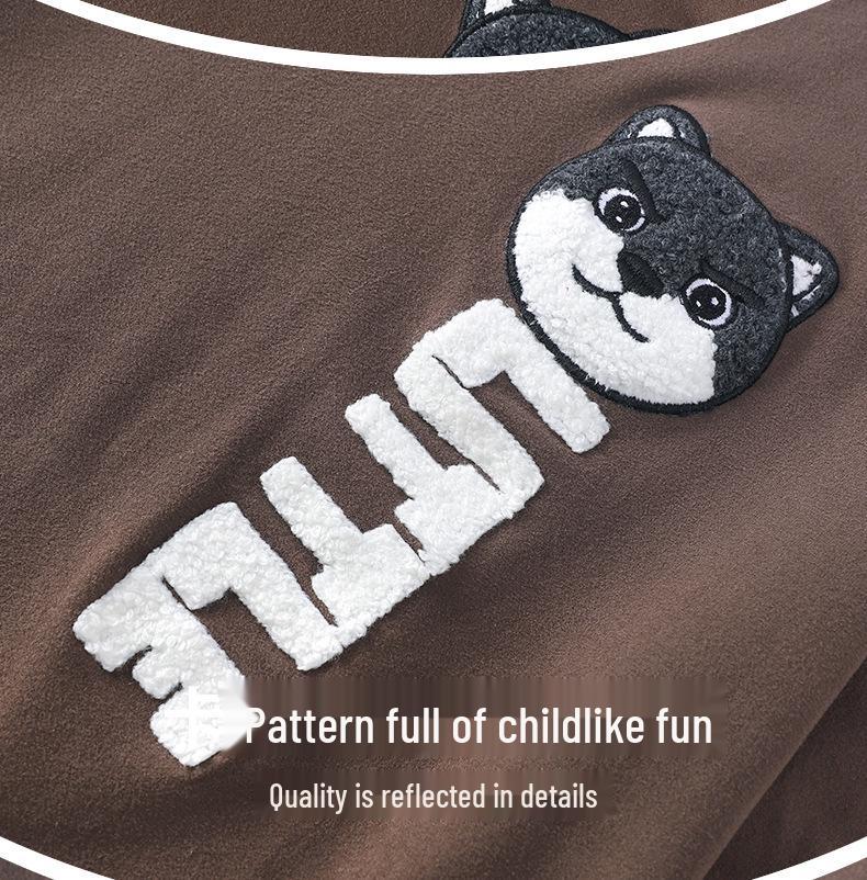 Men's Warm Velvet Pajamas - Casual Long-Sleeve Cartoon Print, Autumn/Winter, Loose Fit, Round Neck, Suitable for Teenagers and Children.